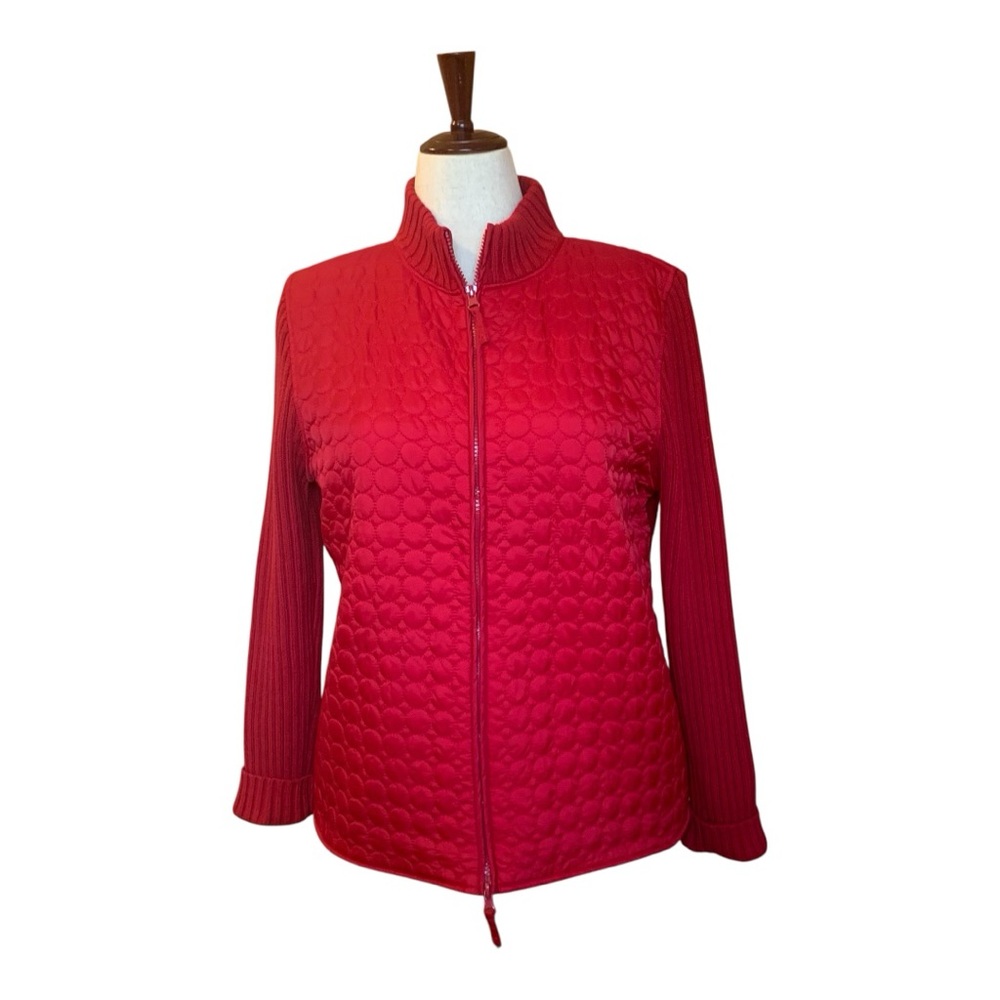 Laura Scott Long Sleeve Red Quilted Sweater Jacket Cardigan Zipper Closure Sz XL
